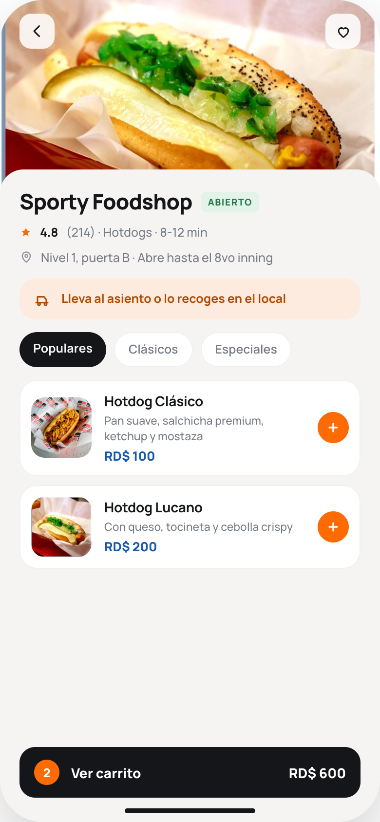 App FANWAY — menú